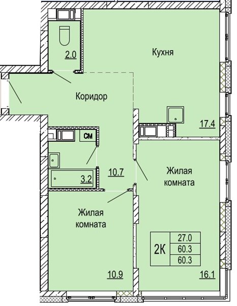 ЖК «Кузнечиха Город» · 2-комнатная квартира · 60.3 м² · 3 этаж
