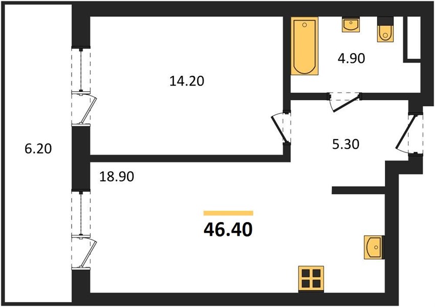 ЖК «Симфония Нижнего» · 1-комнатная квартира · 46.4 м² · 5 этаж