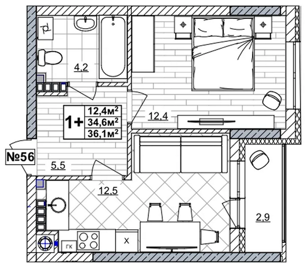 ЖК «Смородина» · 1-комнатная квартира · 36.1 м² · 4 этаж
