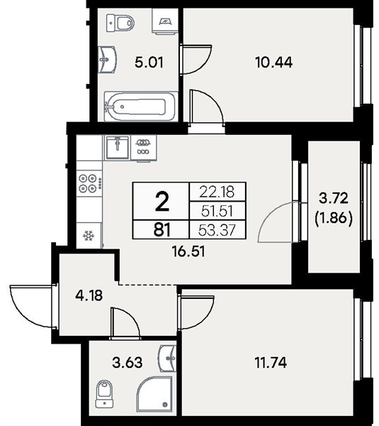 ЖК «Левобережный» · 2-комнатная квартира · 53.37 м² · 5 этаж