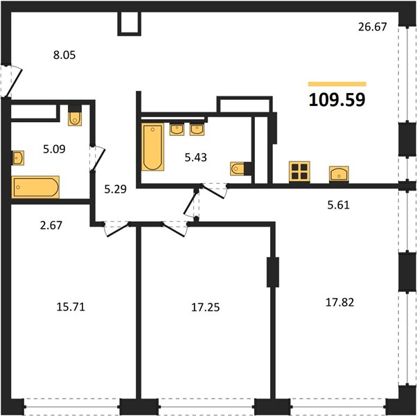ЖК «ВЕРЕН ПЛЭЙС ОДЕССКАЯ» · 3-комнатная квартира · 109.59 м² · 12 этаж