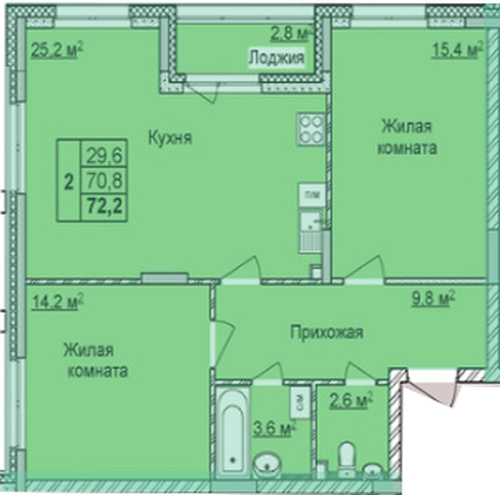ЖК «Мои цветы» · 2-комнатная квартира · 72.2 м² · 1 этаж
