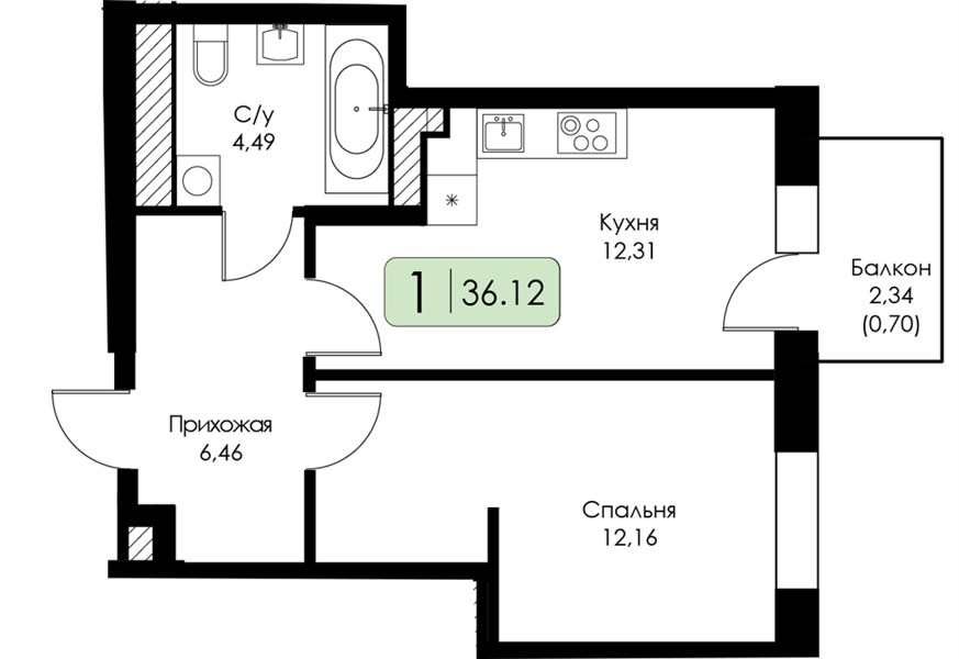 ЖК «Анкор» · 1-комнатная квартира · 36.12 м² · 13 этаж