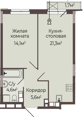 ЖК «Трио» · 1-комнатная квартира · 46.3 м² · 6 этаж