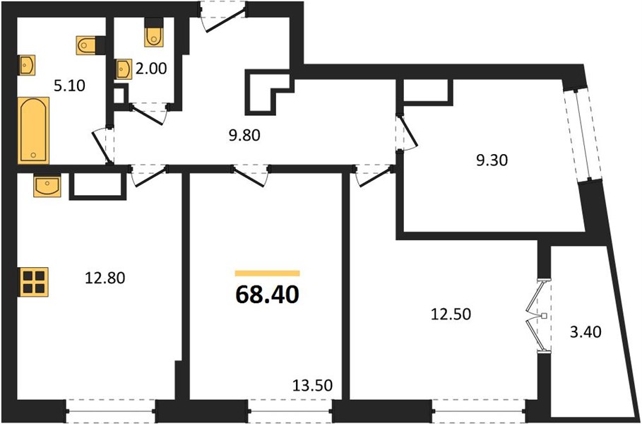 ЖК «Щелоковский» · 3-комнатная квартира · 68.4 м² · 22 этаж