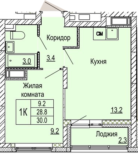 ЖК «Кузнечиха Город» · 1-комнатная квартира · 30 м² · 21 этаж