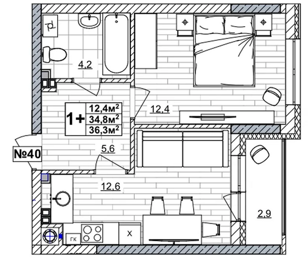 ЖК «Смородина» · 1-комнатная квартира · 36.3 м² · 2 этаж