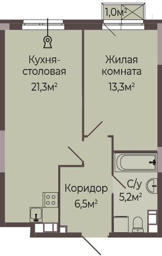 ЖК «Трио» · 1-комнатная квартира · 46.6 м² · 3 этаж