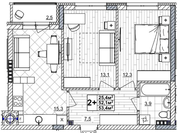 ЖК «Смородина» · 2-комнатная квартира · 53.4 м² · 3 этаж