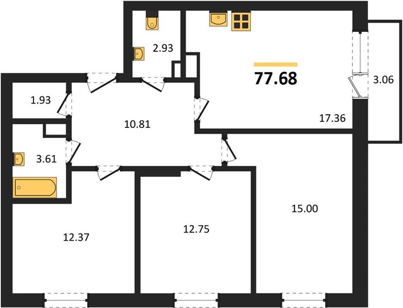 ЖК «Мед» · 3-комнатная квартира · 77.68 м² · 11 этаж