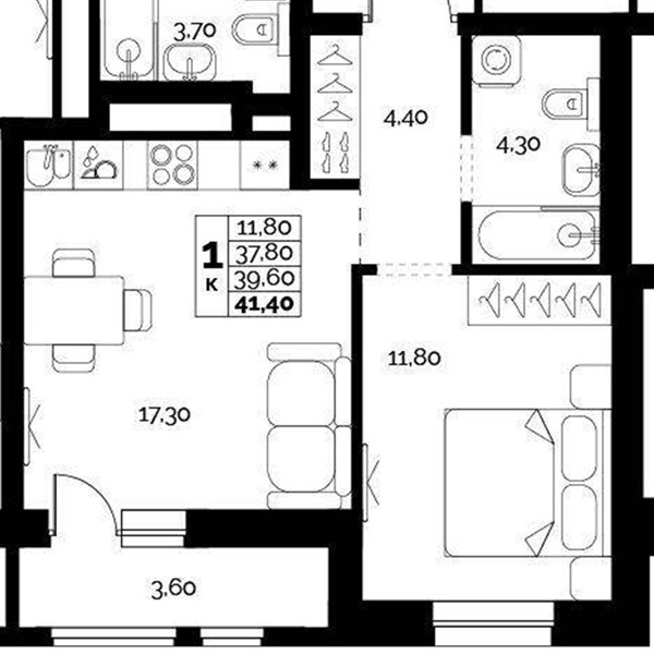 ЖК «Искра» · 1-комнатная квартира · 39.6 м² · 1 этаж