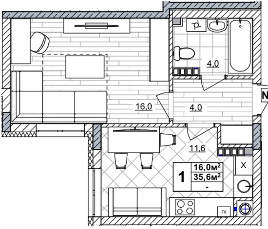 ЖК «Смородина» · 1-комнатная квартира · 35.6 м² · 4 этаж
