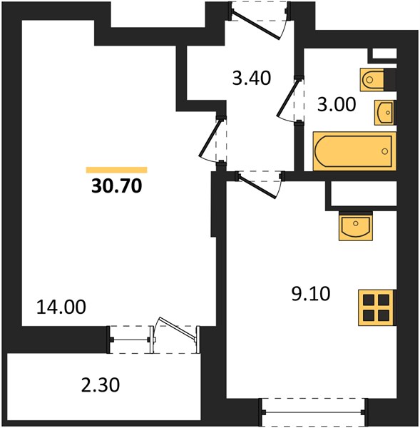 ЖК «Кузнечиха Город» · 1-комнатная квартира · 30.7 м² · 24 этаж