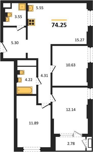 ЖК «Черниговская» · 3-комнатная квартира · 74.25 м² · 2 этаж