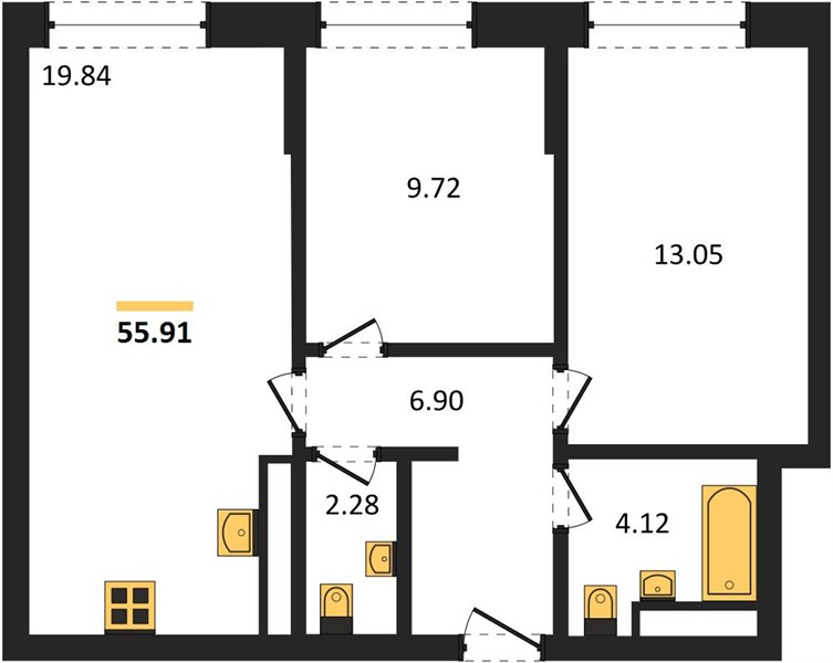 ЖК «Новая-Львовская» · 2-комнатная квартира · 55.91 м² · 11 этаж