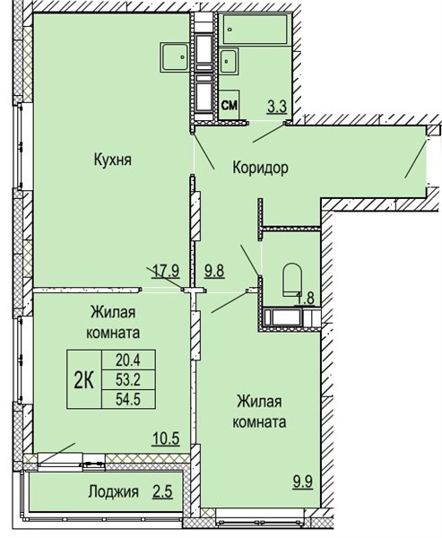 ЖК «Кузнечиха Город» · 2-комнатная квартира · 54.5 м² · 15 этаж