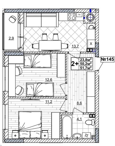 ЖК «Смородина» · 2-комнатная квартира · 51.7 м² · 2 этаж