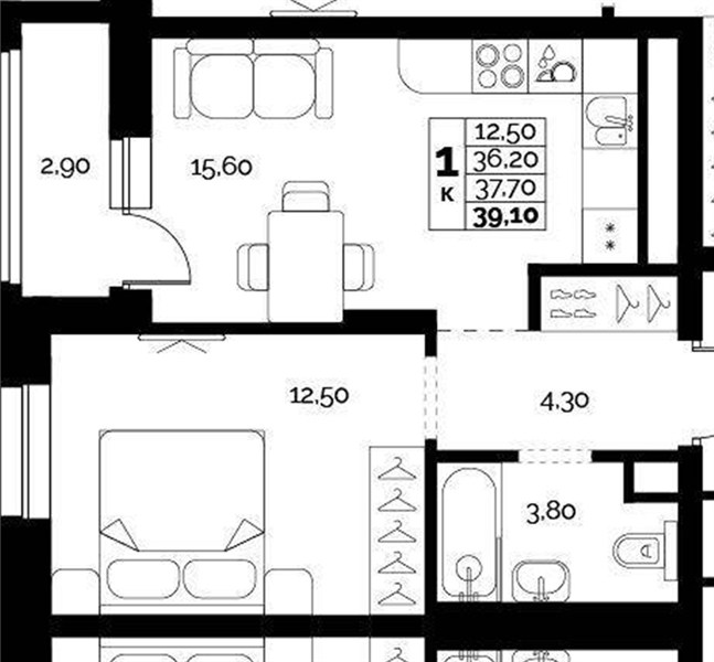 ЖК «Искра» · 1-комнатная квартира · 37.7 м² · 2 этаж