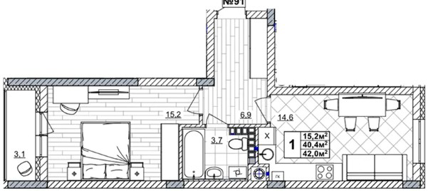 ЖК «Смородина» · 1-комнатная квартира · 42 м² · 4 этаж
