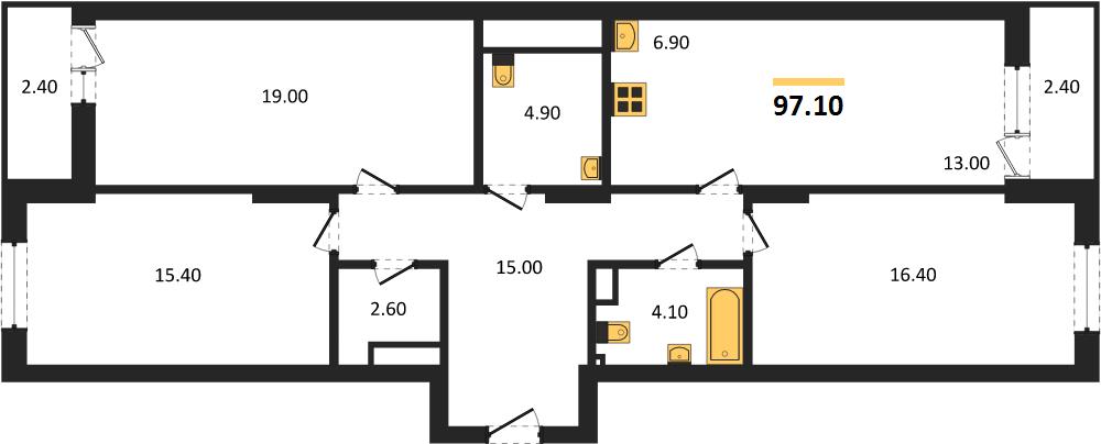 ЖК «Тетра» · 3-комнатная квартира · 97.1 м² · 14 этаж
