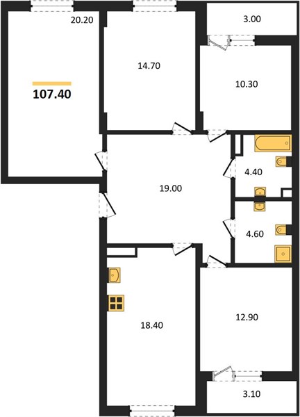 ЖК «Кузнечиха Город» · 4-комнатная квартира · 107.4 м² · 3 этаж