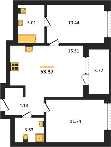 ЖК «Левобережный» · 2-комнатная квартира · 53.37 м² · 7 этаж