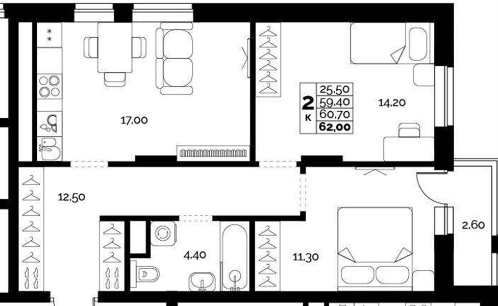 ЖК «Искра» · 2-комнатная квартира · 60.7 м² · 13 этаж