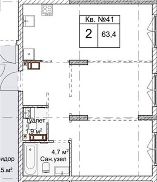 ЖК «Огни Започаинья» · 2-комнатная квартира · 63.4 м² · 4 этаж