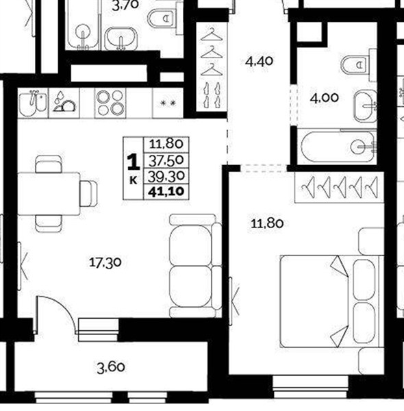 ЖК «Искра» · 1-комнатная квартира · 39.3 м² · 4 этаж