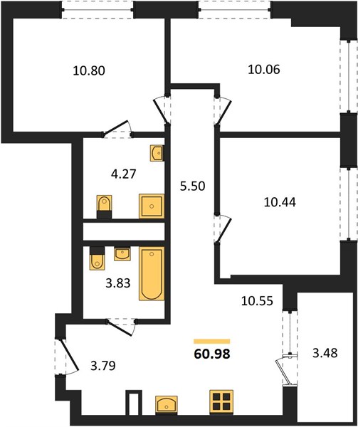 ЖК «Левобережный» · 3-комнатная квартира · 60.98 м² · 11 этаж