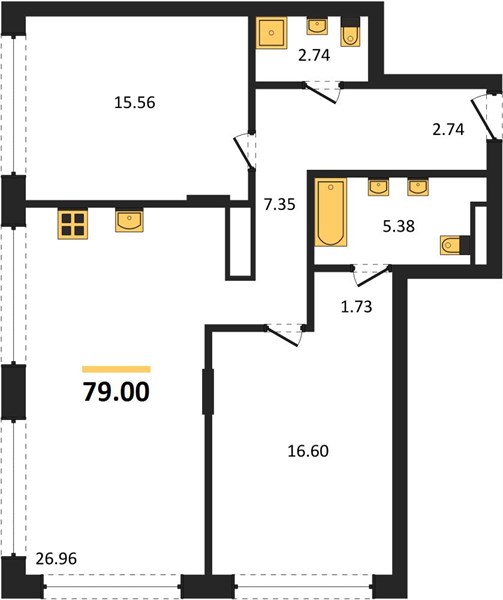 ЖК «ВЕРЕН ПЛЭЙС ОДЕССКАЯ» · 2-комнатная квартира · 79 м² · 6 этаж