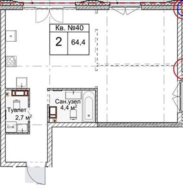 ЖК «Огни Започаинья» · 2-комнатная квартира · 64.4 м² · 3 этаж