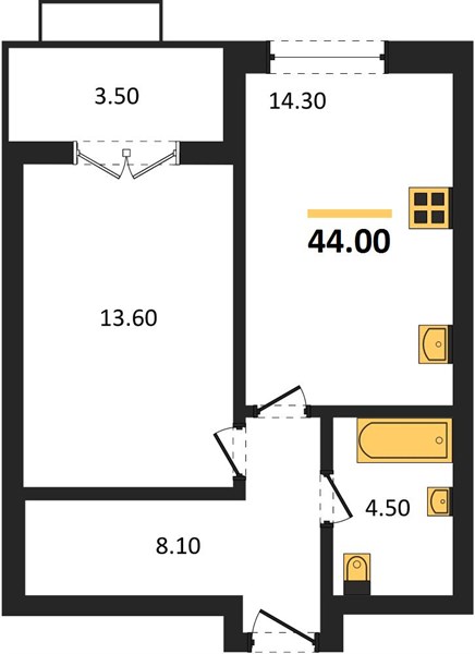 ЖК «Щелоковский» · 1-комнатная квартира · 44 м² · 22 этаж