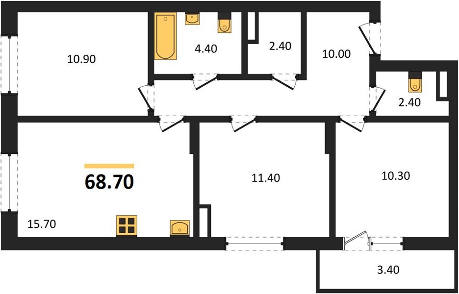 ЖК «Кузнечиха Город» · 3-комнатная квартира · 68.7 м² · 14 этаж