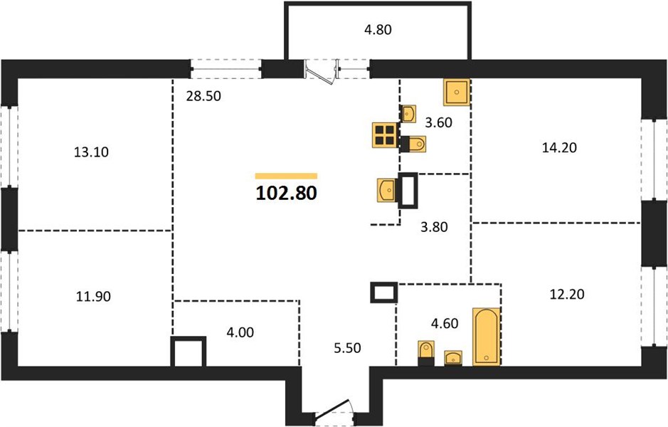 ЖК «Грандъ» · 4-комнатная квартира · 102.8 м² · 6 этаж